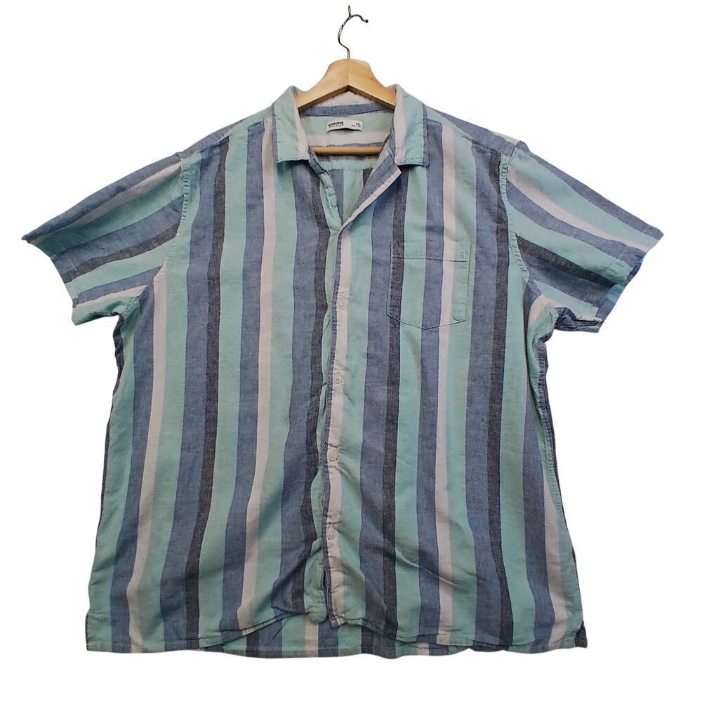 Sonoma Goods For Life Mens XXL Blue Stripe Cotton Linen Short Sleeve Shirt
